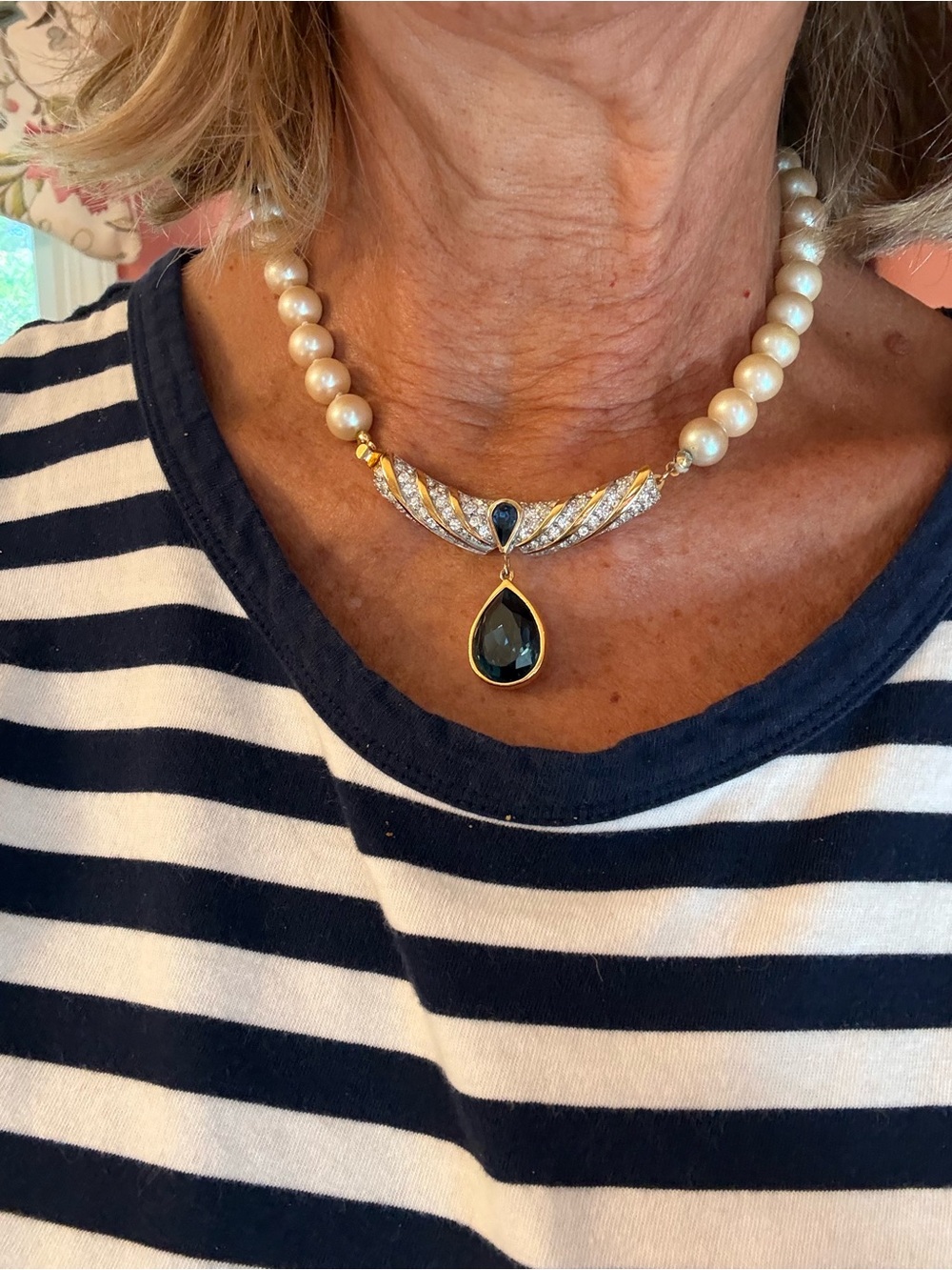 Vintage Faux Pearl Necklace with Gold Accents and Deep Blue Teardrop Pendant